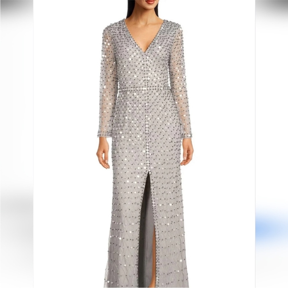 Aidan Mattox Silver Long Sleeve Gown